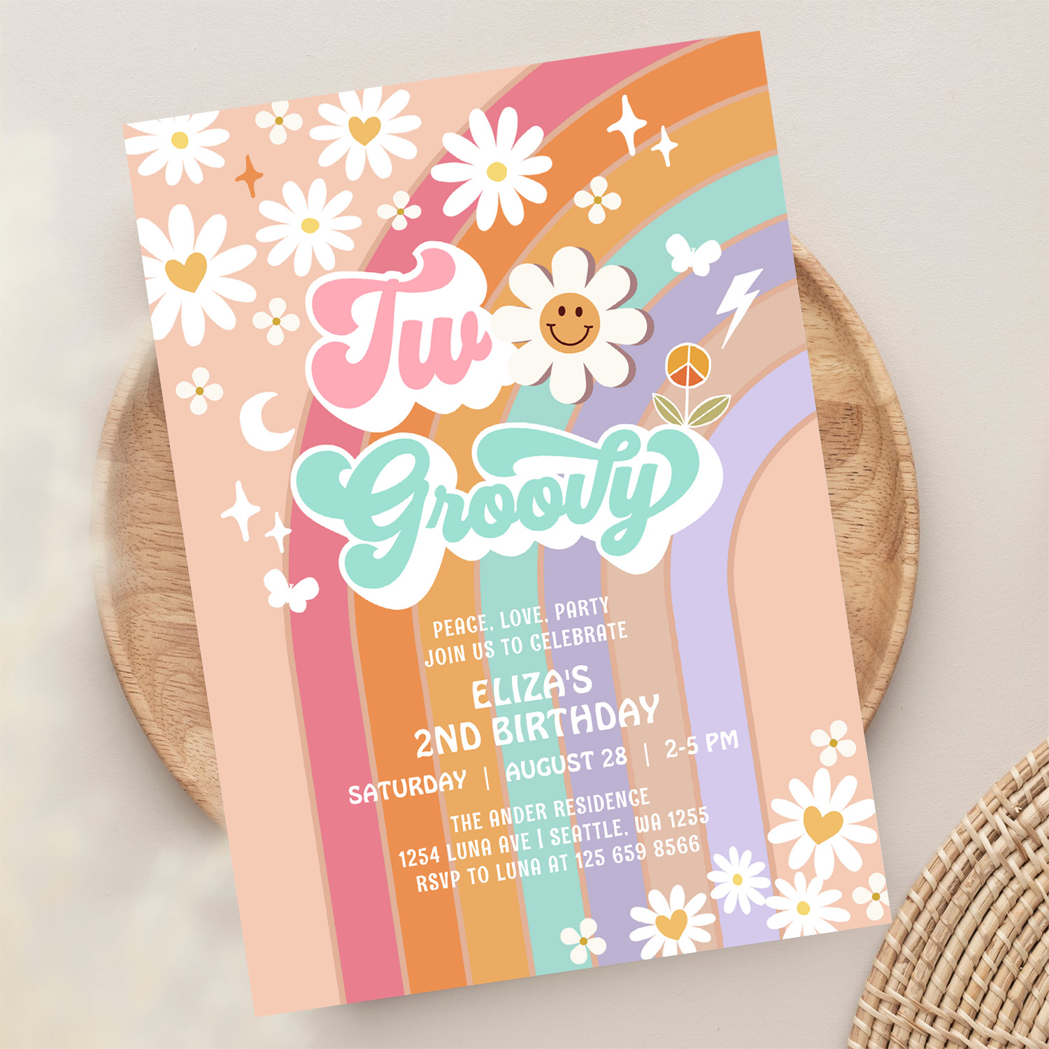 Two Groovy Hippie Daisy Rainbow 2nd Birthday Invitation - Image 13