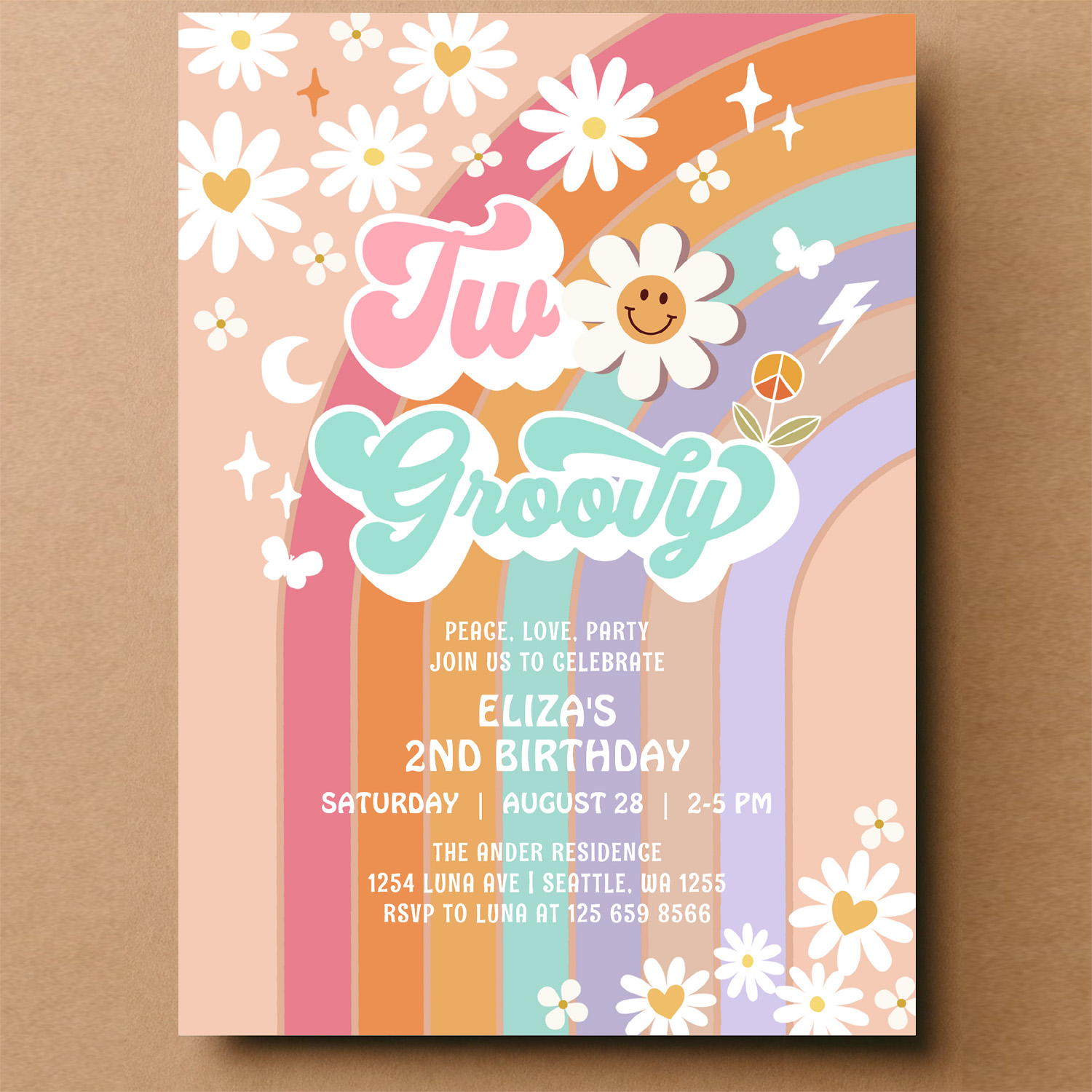 Two Groovy Hippie Daisy Rainbow 2nd Birthday Invitation - Image 14