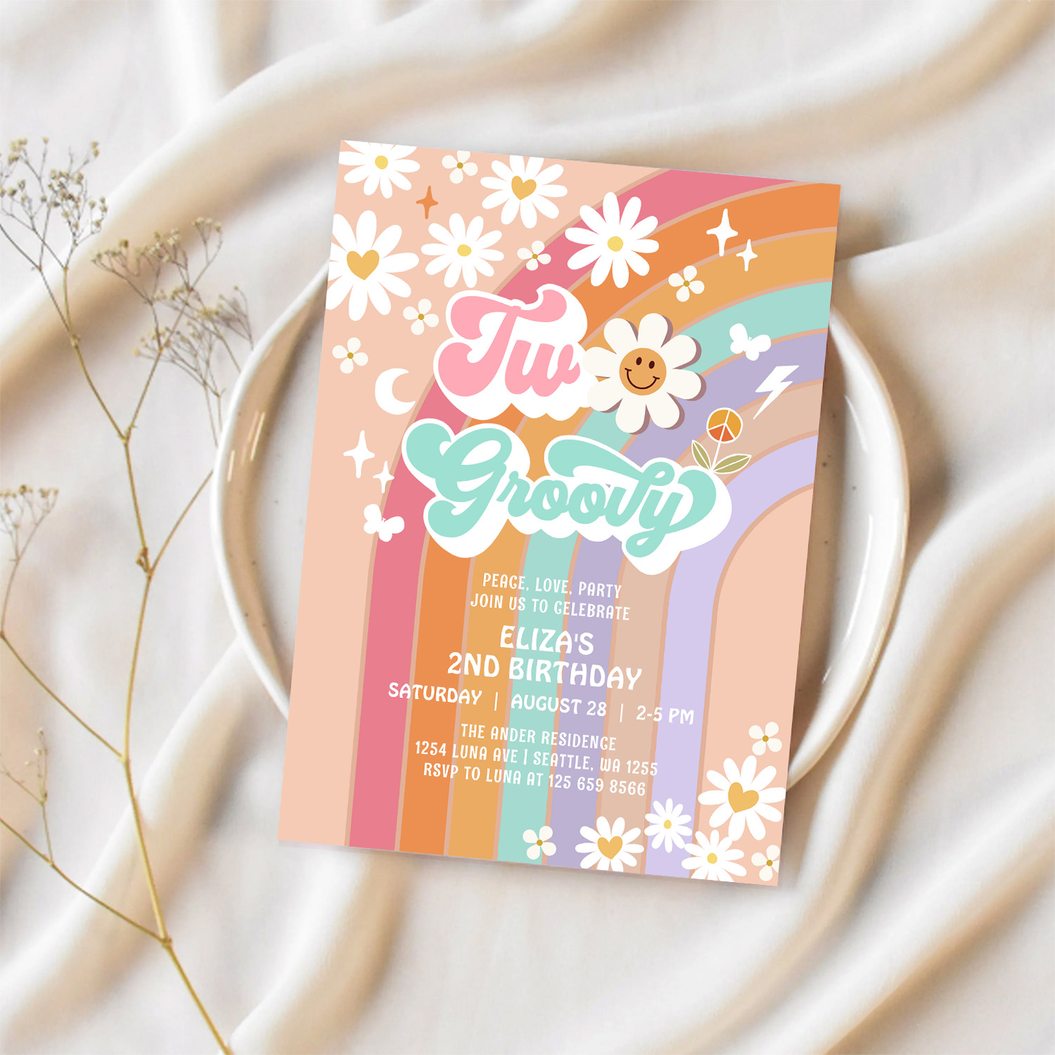 Two Groovy Hippie Daisy Rainbow 2nd Birthday Invitation - Image 2