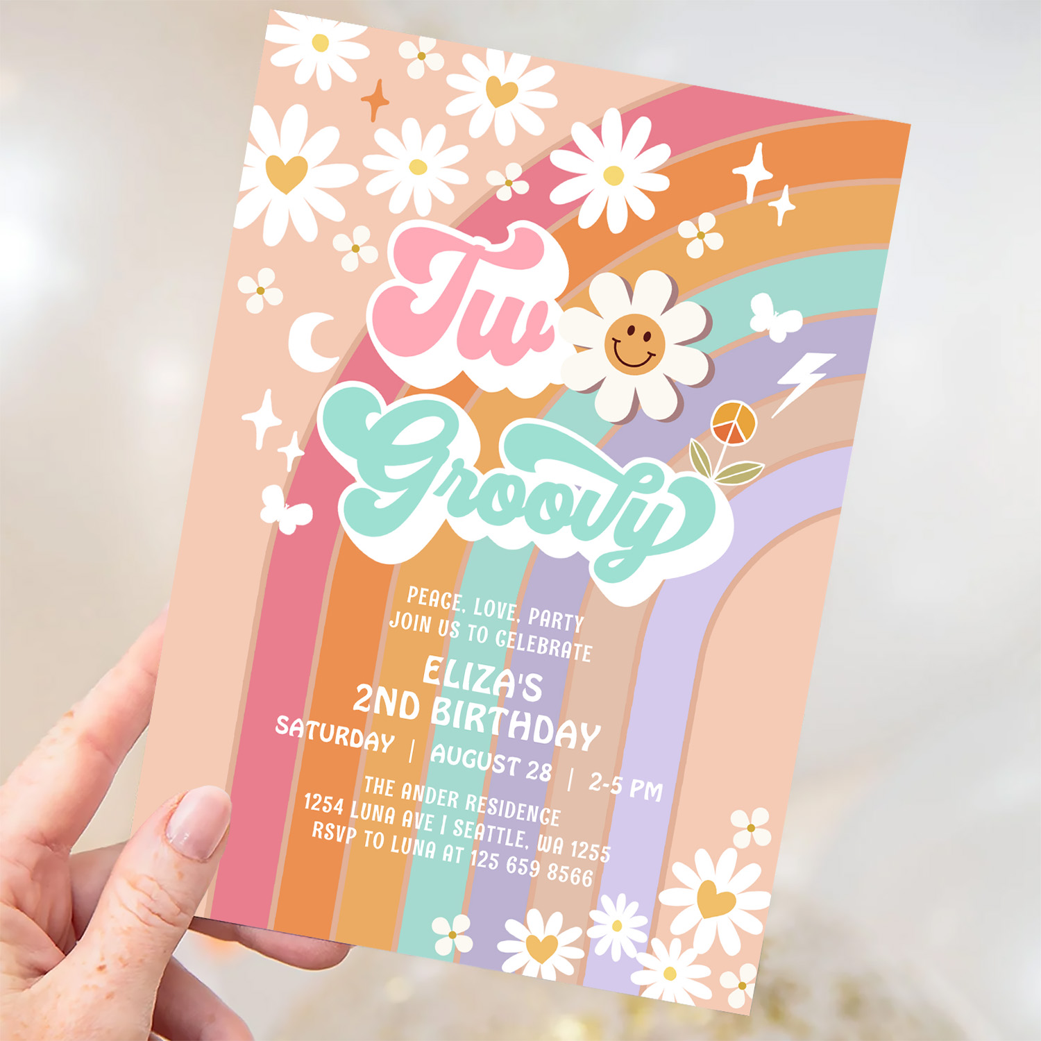 Two Groovy Hippie Daisy Rainbow 2nd Birthday Invitation - Image 3