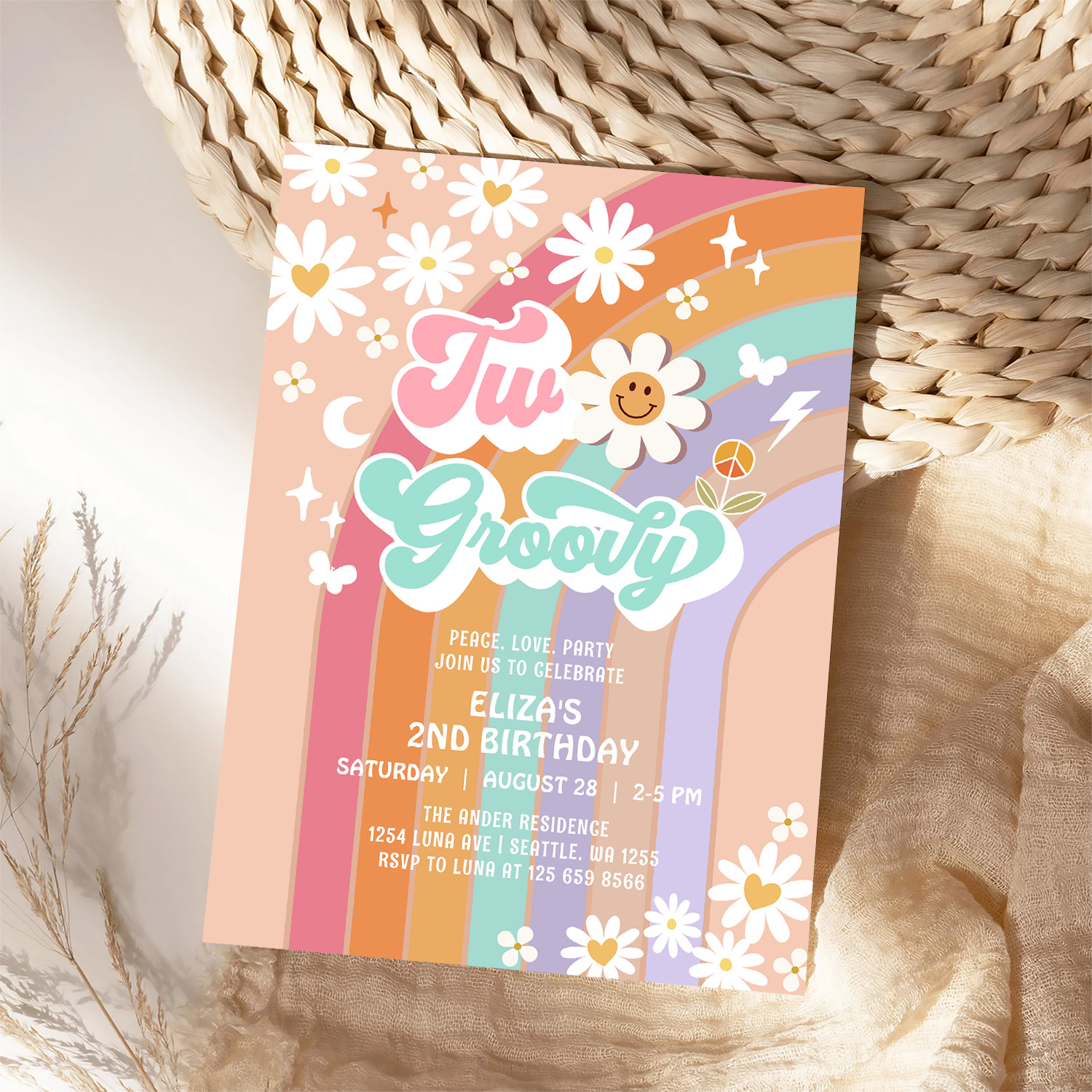 Two Groovy Hippie Daisy Rainbow 2nd Birthday Invitation - Image 4