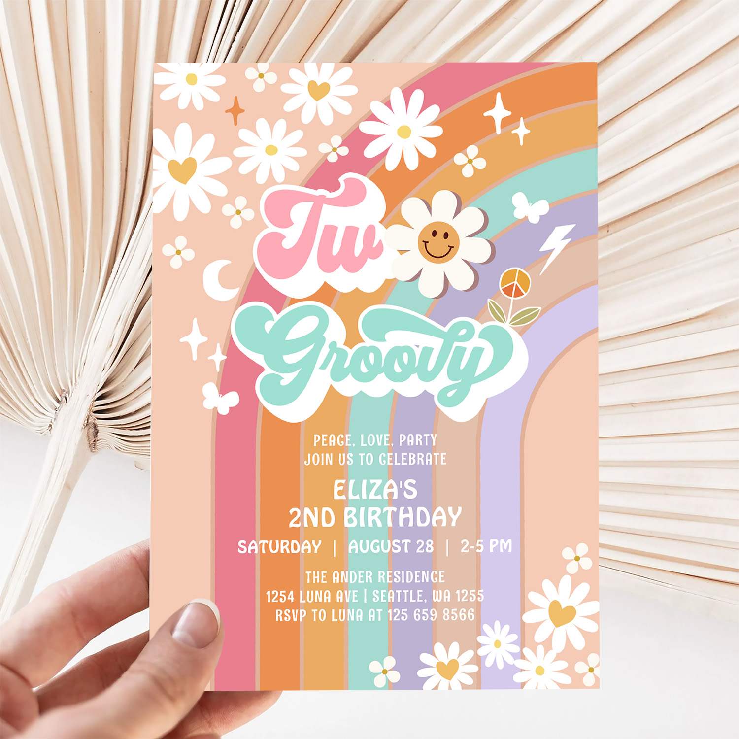 Two Groovy Hippie Daisy Rainbow 2nd Birthday Invitation - Image 5