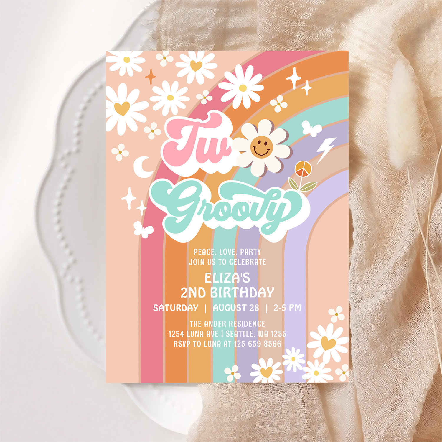 Two Groovy Hippie Daisy Rainbow 2nd Birthday Invitation - Image 6