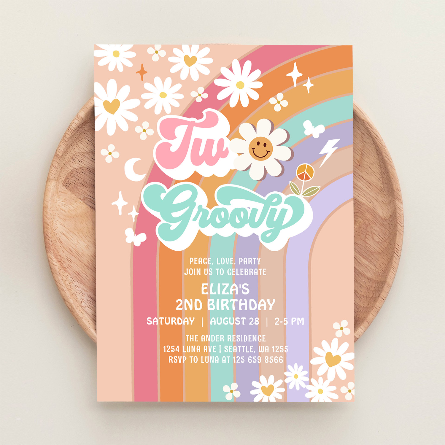 Two Groovy Hippie Daisy Rainbow 2nd Birthday Invitation - Image 7