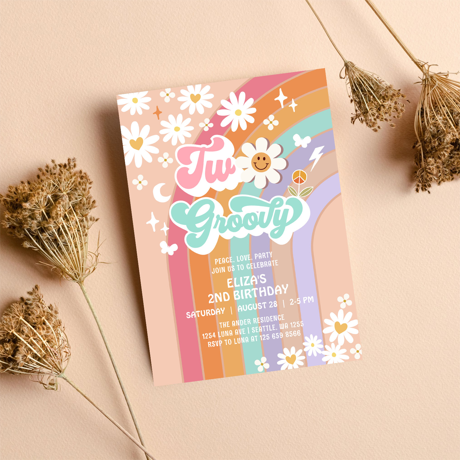 Two Groovy Hippie Daisy Rainbow 2nd Birthday Invitation - Image 8