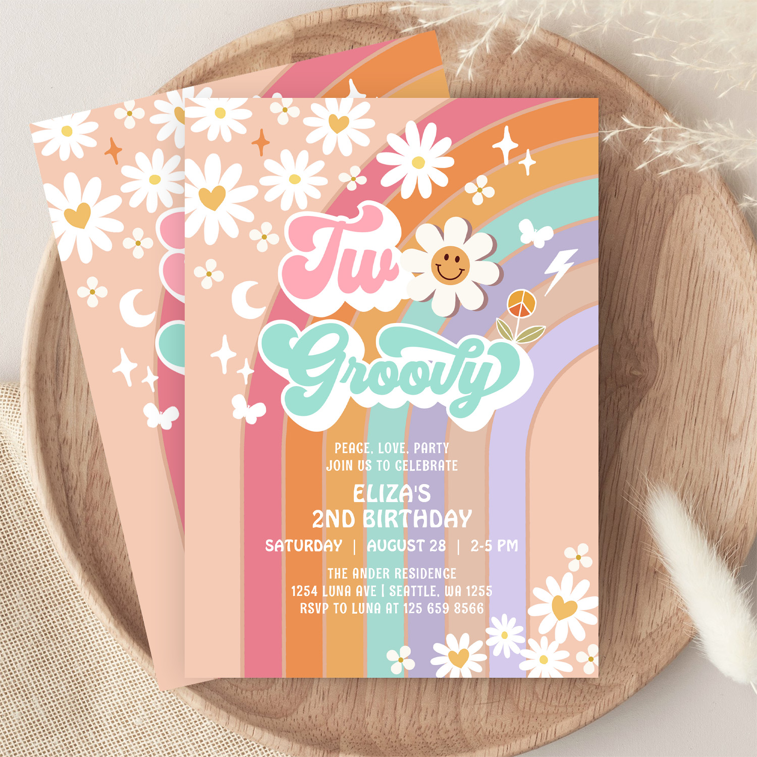 Two Groovy Hippie Daisy Rainbow 2nd Birthday Invitation - Image 9