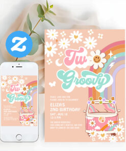 Two Groovy Pink Daisy Rainbow Van 2nd Birthday Invitation