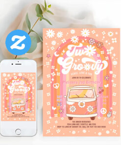 Two Groovy Van Daisy Hippie 70S 2nd Birthday Invitation