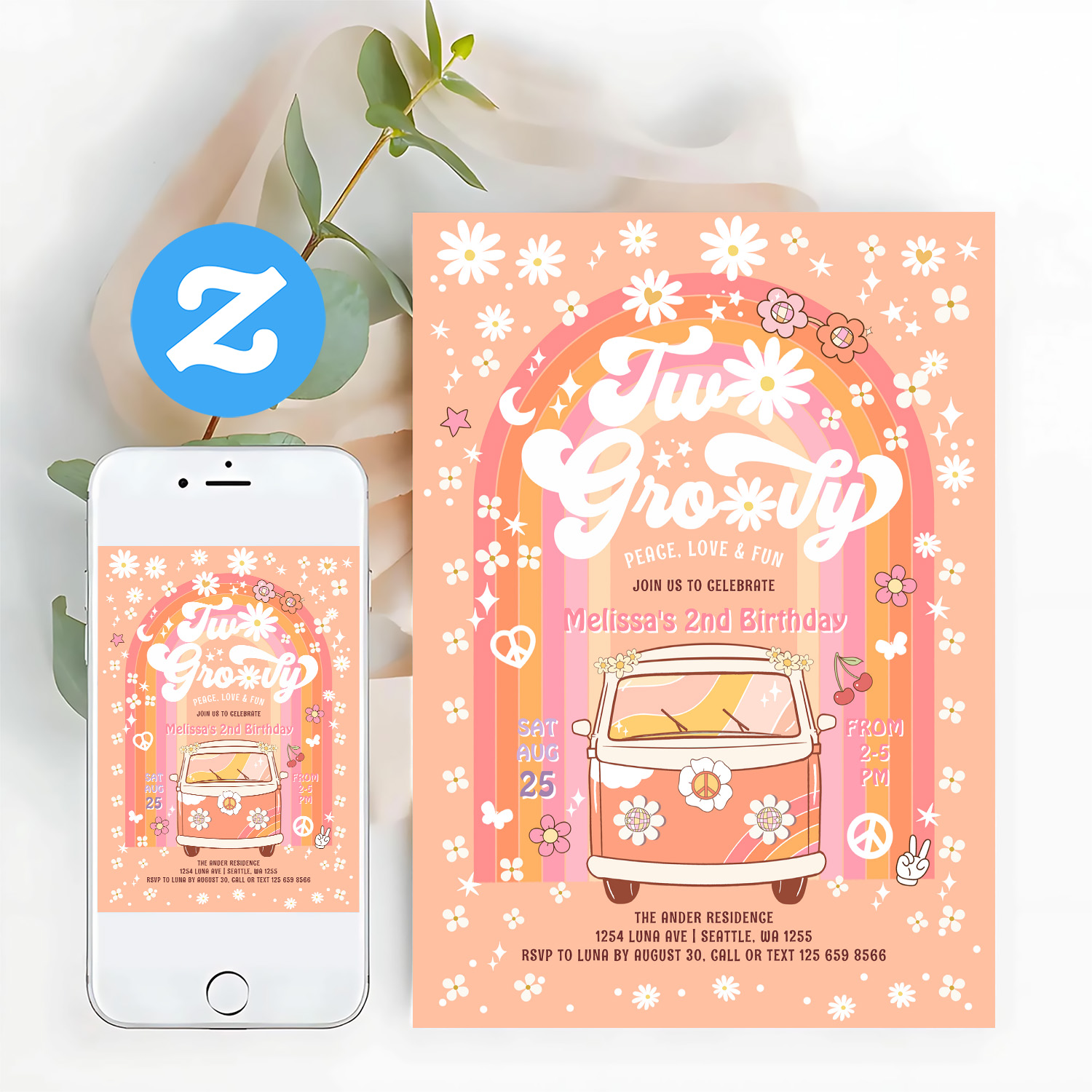 Two Groovy Van Daisy Hippie 70S 2nd Birthday Invitation