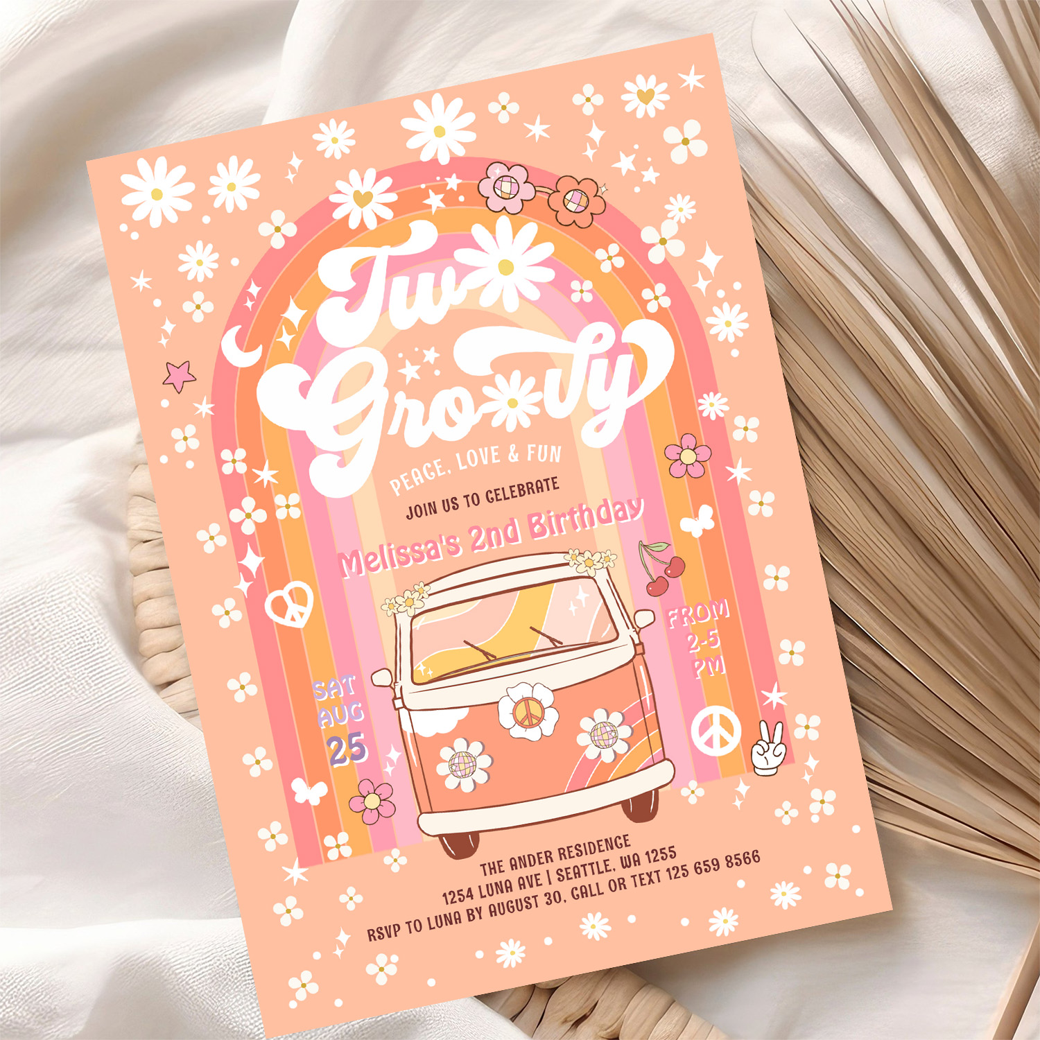 Two Groovy Van Daisy Hippie 70S 2nd Birthday Invitation - Image 10