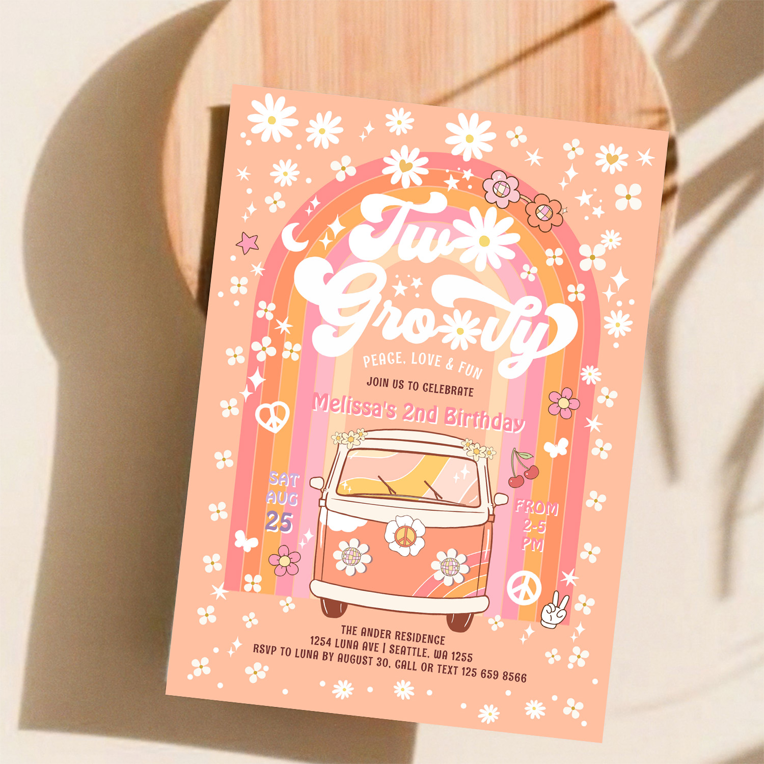 Two Groovy Van Daisy Hippie 70S 2nd Birthday Invitation - Image 11