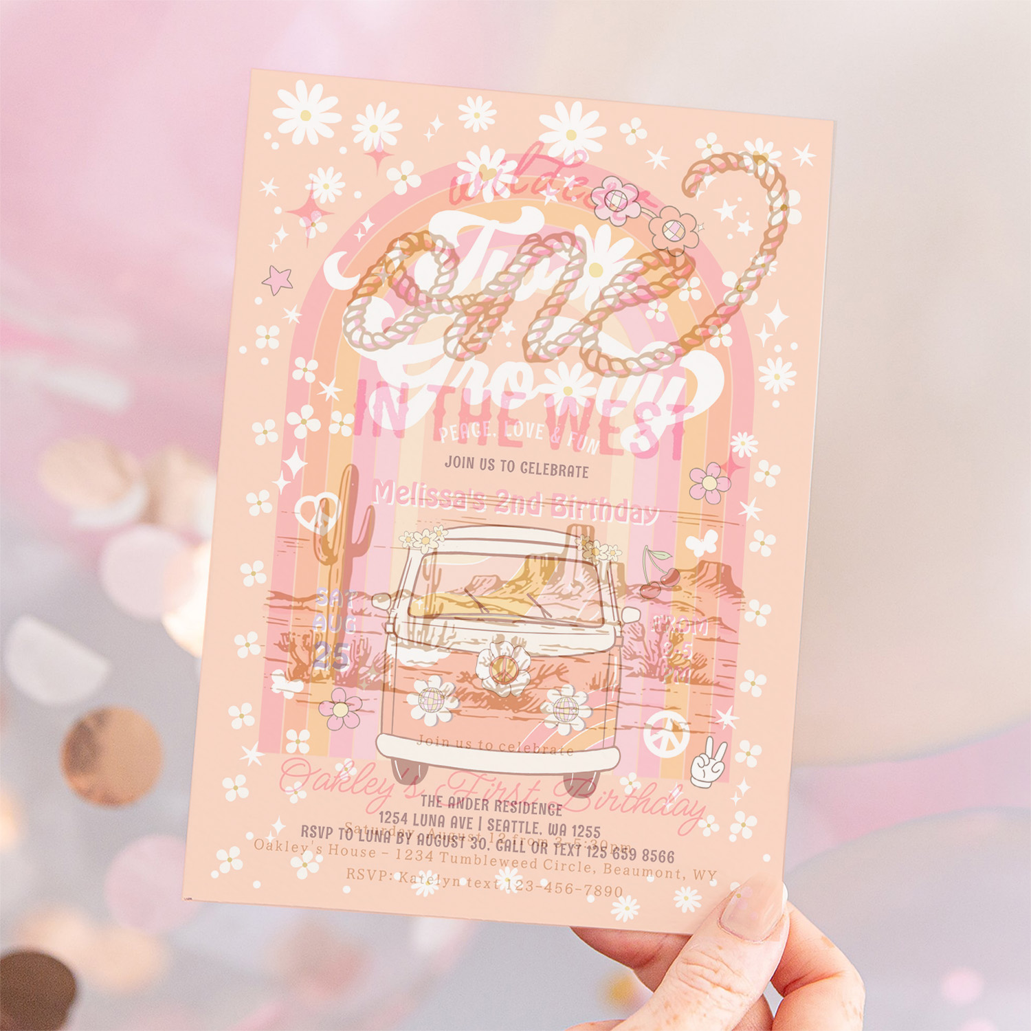 Two Groovy Van Daisy Hippie 70S 2nd Birthday Invitation - Image 12