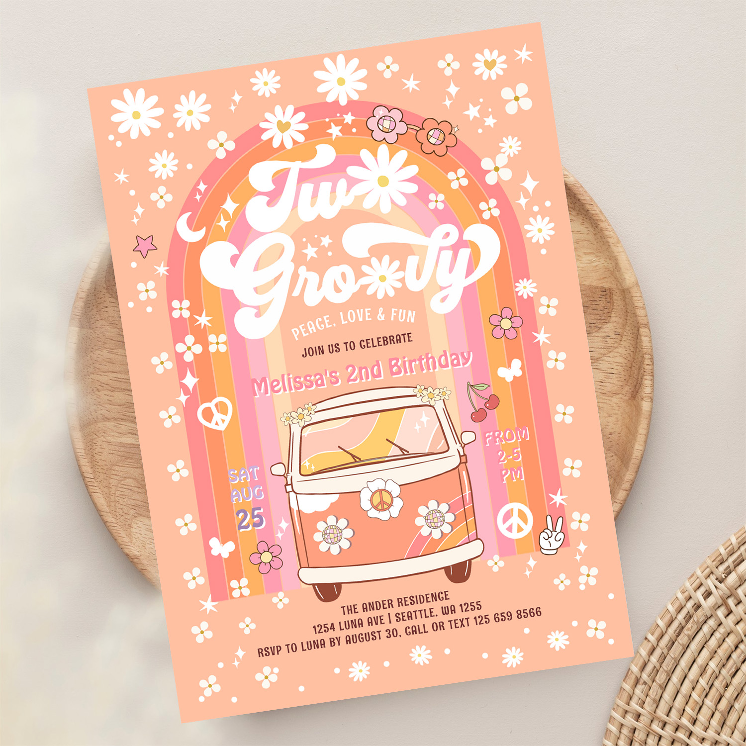 Two Groovy Van Daisy Hippie 70S 2nd Birthday Invitation - Image 13