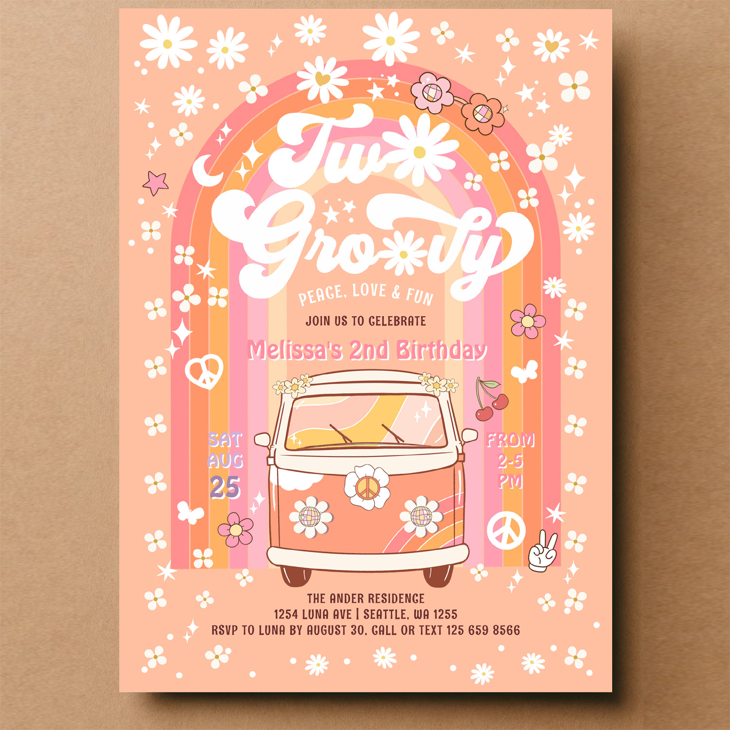 Two Groovy Van Daisy Hippie 70S 2nd Birthday Invitation - Image 14