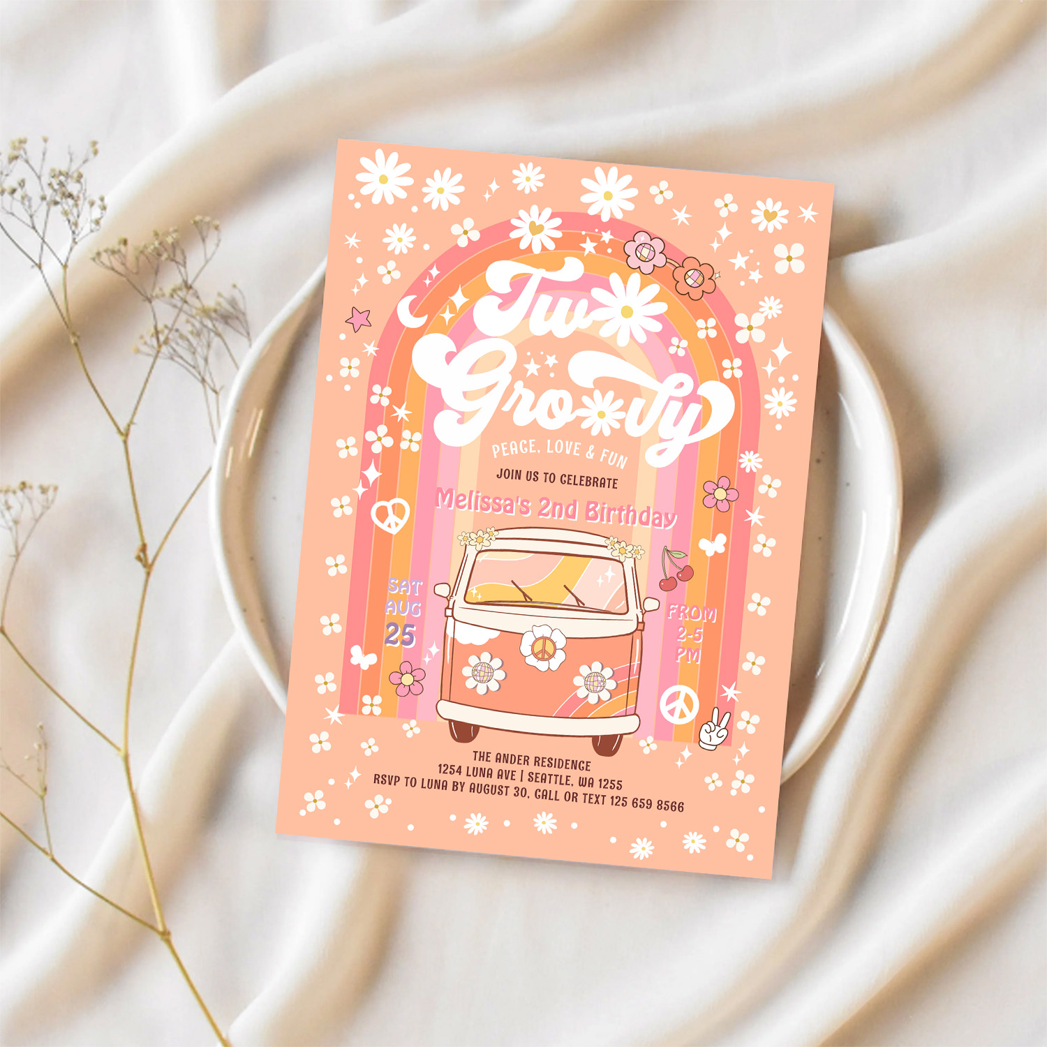 Two Groovy Van Daisy Hippie 70S 2nd Birthday Invitation - Image 2