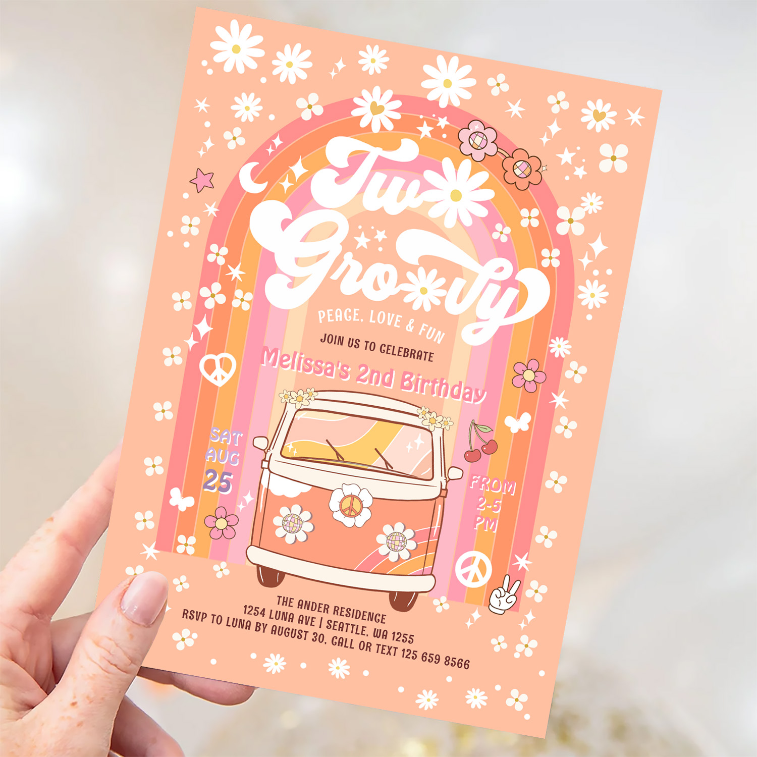 Two Groovy Van Daisy Hippie 70S 2nd Birthday Invitation - Image 3