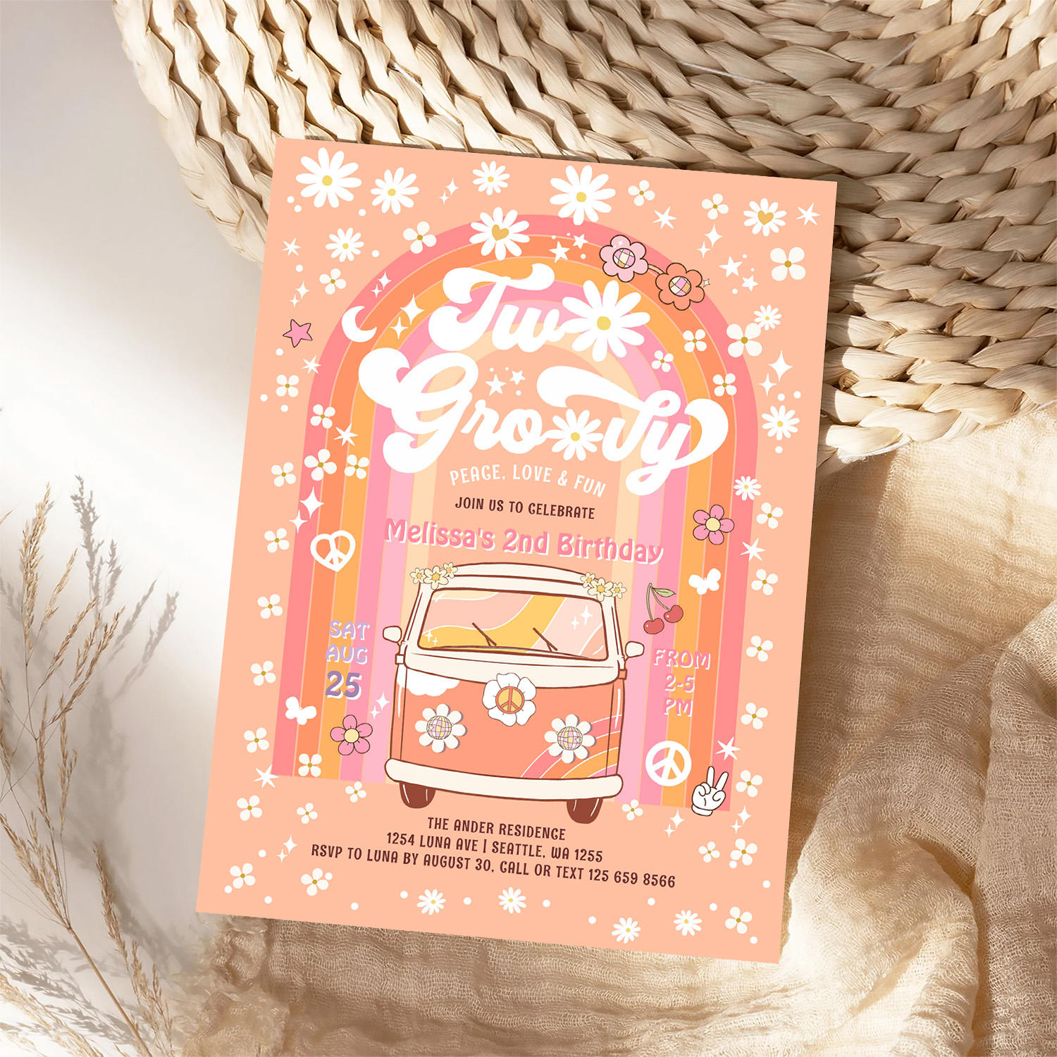 Two Groovy Van Daisy Hippie 70S 2nd Birthday Invitation - Image 4