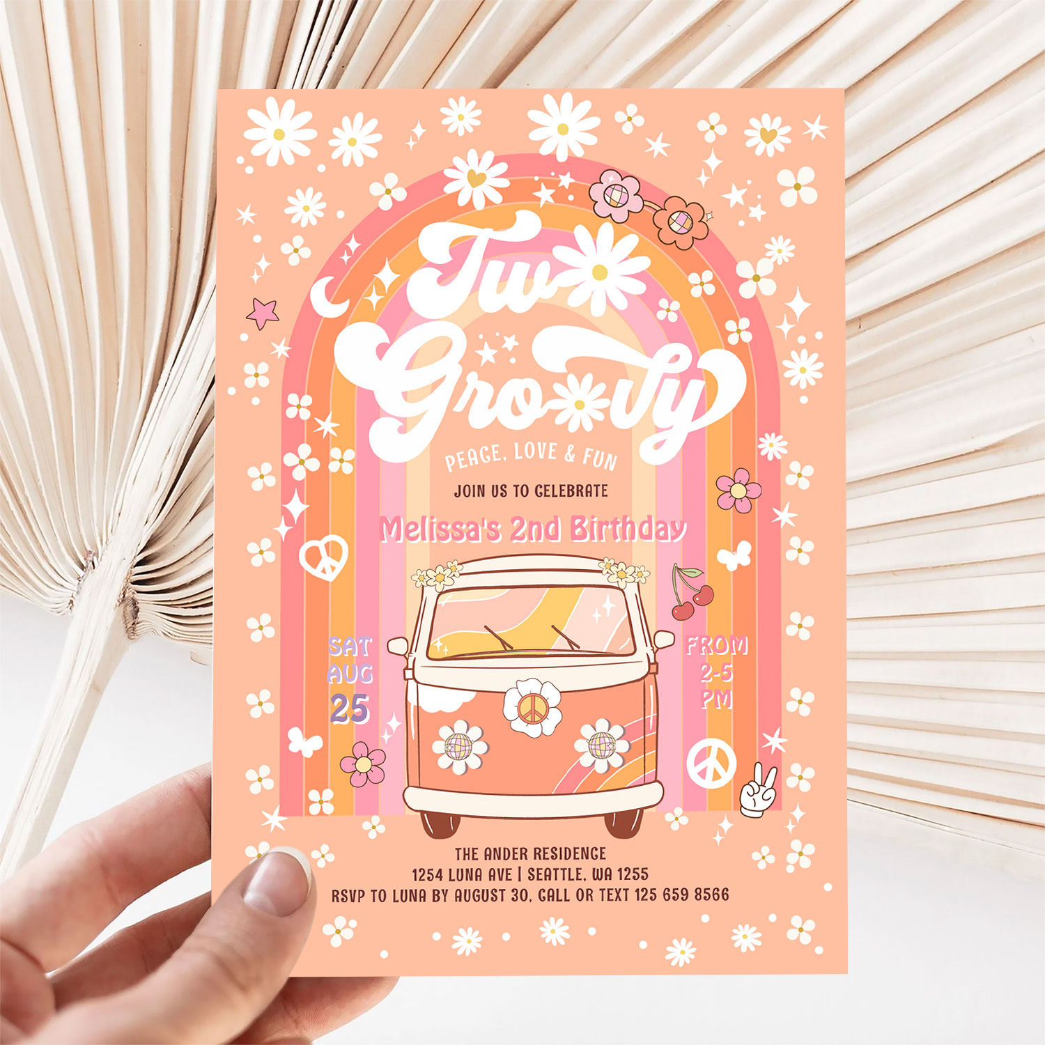 Two Groovy Van Daisy Hippie 70S 2nd Birthday Invitation - Image 5