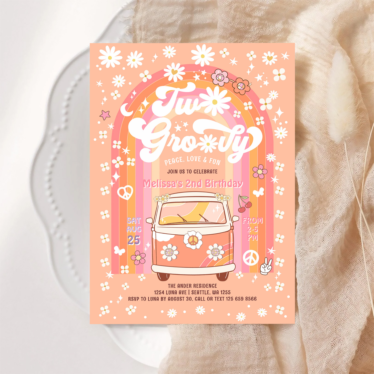 Two Groovy Van Daisy Hippie 70S 2nd Birthday Invitation - Image 6