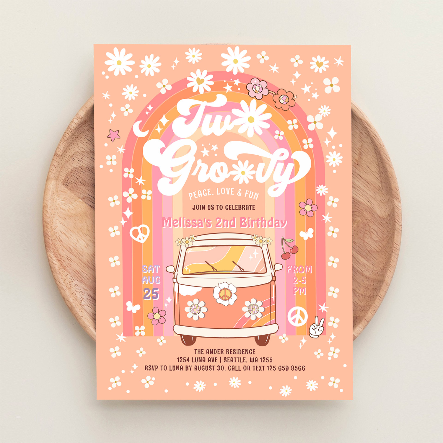 Two Groovy Van Daisy Hippie 70S 2nd Birthday Invitation - Image 7