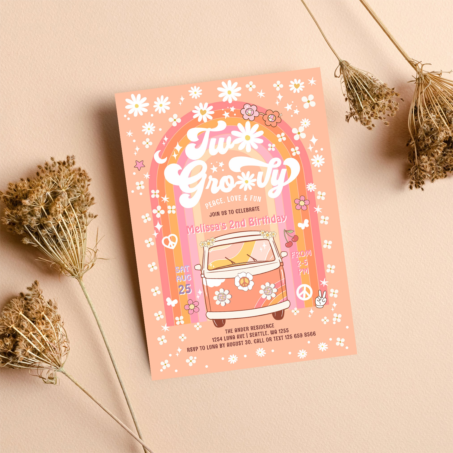 Two Groovy Van Daisy Hippie 70S 2nd Birthday Invitation - Image 8