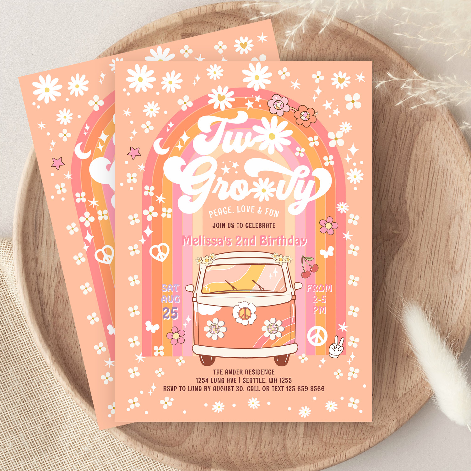 Two Groovy Van Daisy Hippie 70S 2nd Birthday Invitation - Image 9