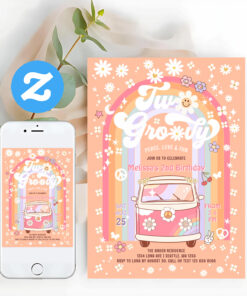 Two Groovy Van Daisy Hippie 70S 2nd Birthday Invitation