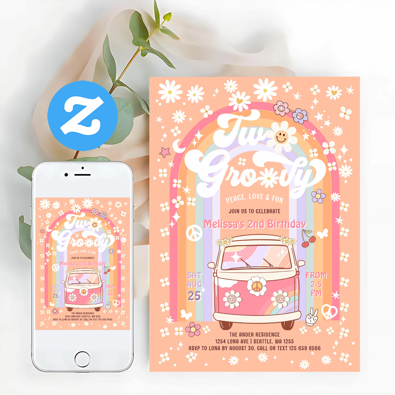 Two Groovy Van Daisy Hippie 70S 2nd Birthday Invitation