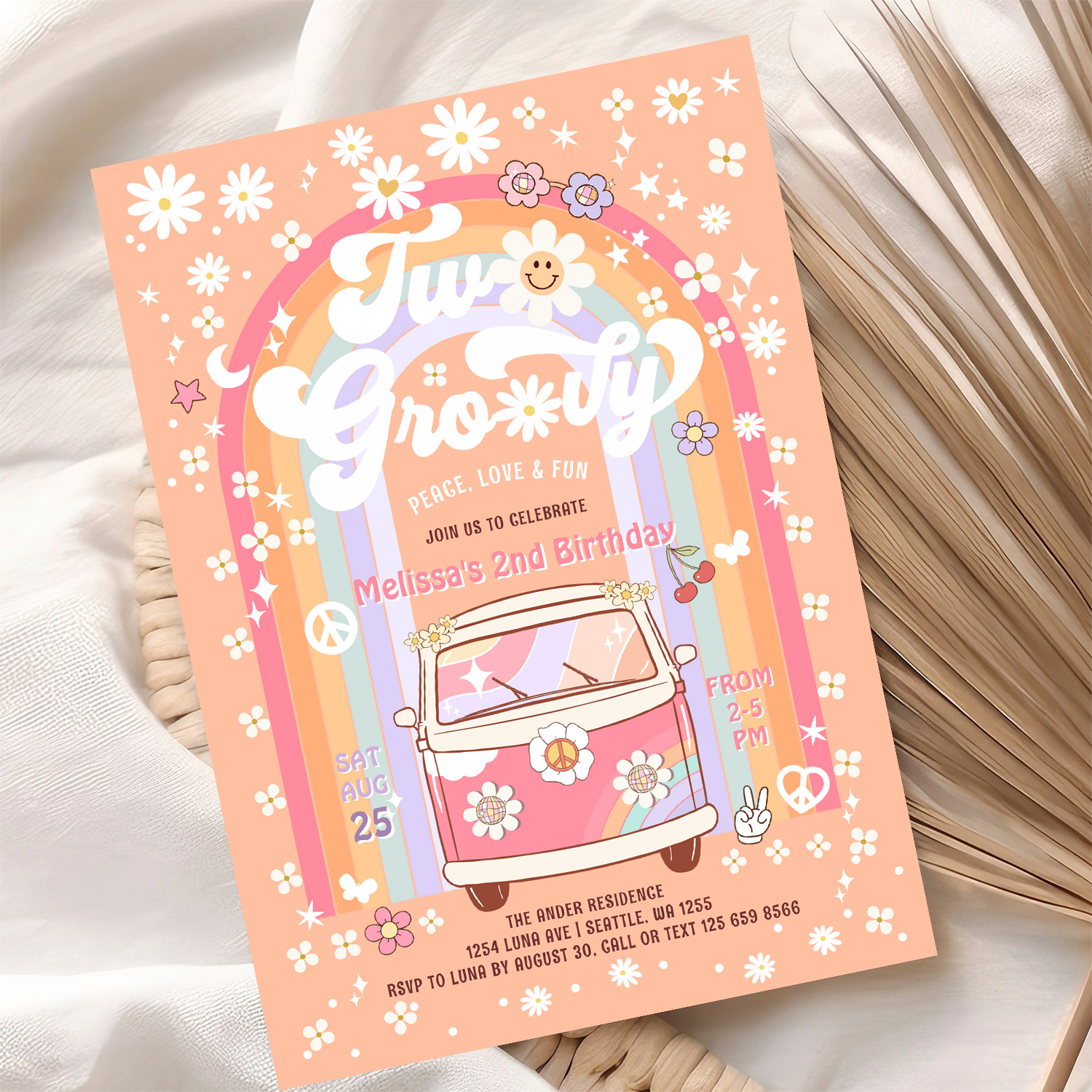 Two Groovy Van Daisy Hippie 70S 2nd Birthday Invitation - Image 10