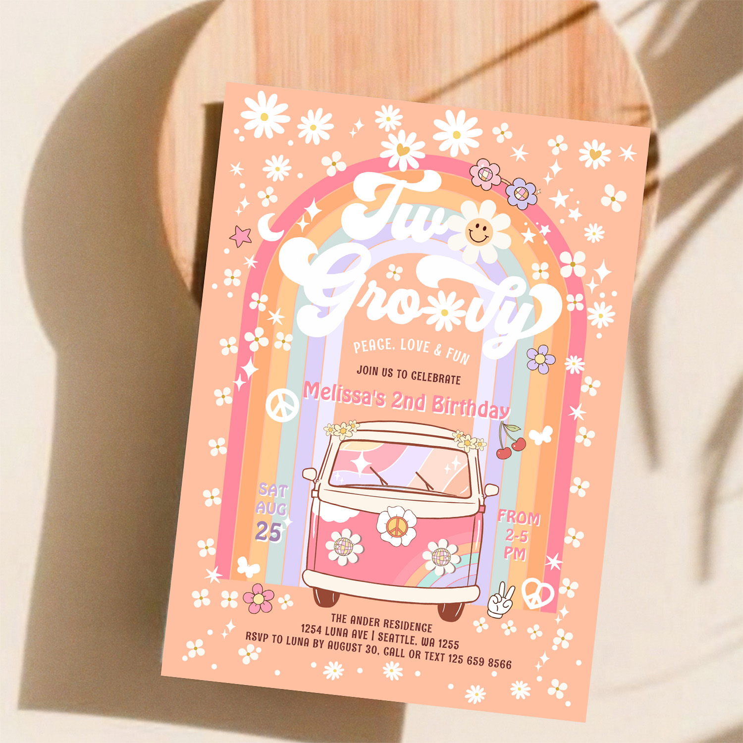 Two Groovy Van Daisy Hippie 70S 2nd Birthday Invitation - Image 11