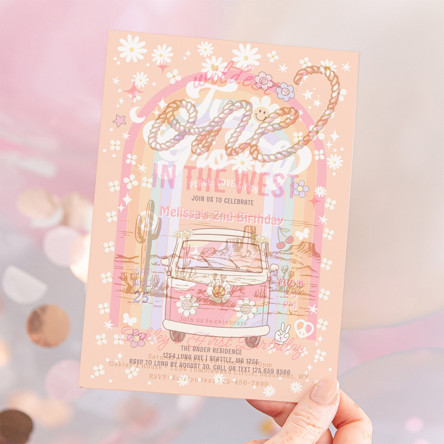 Two Groovy Van Daisy Hippie 70S 2nd Birthday Invitation - Image 12