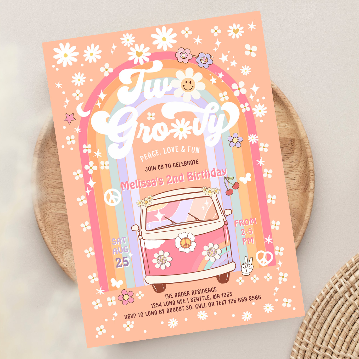 Two Groovy Van Daisy Hippie 70S 2nd Birthday Invitation - Image 13