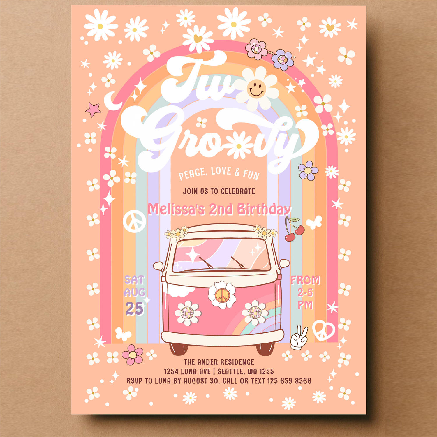 Two Groovy Van Daisy Hippie 70S 2nd Birthday Invitation - Image 14