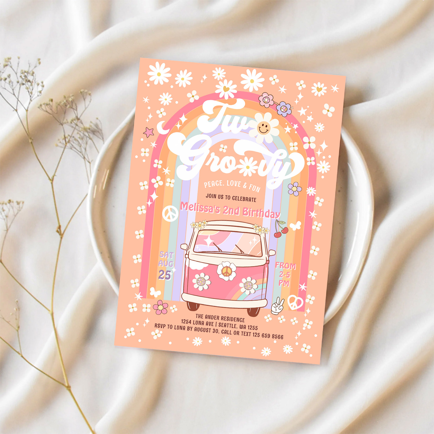 Two Groovy Van Daisy Hippie 70S 2nd Birthday Invitation - Image 2