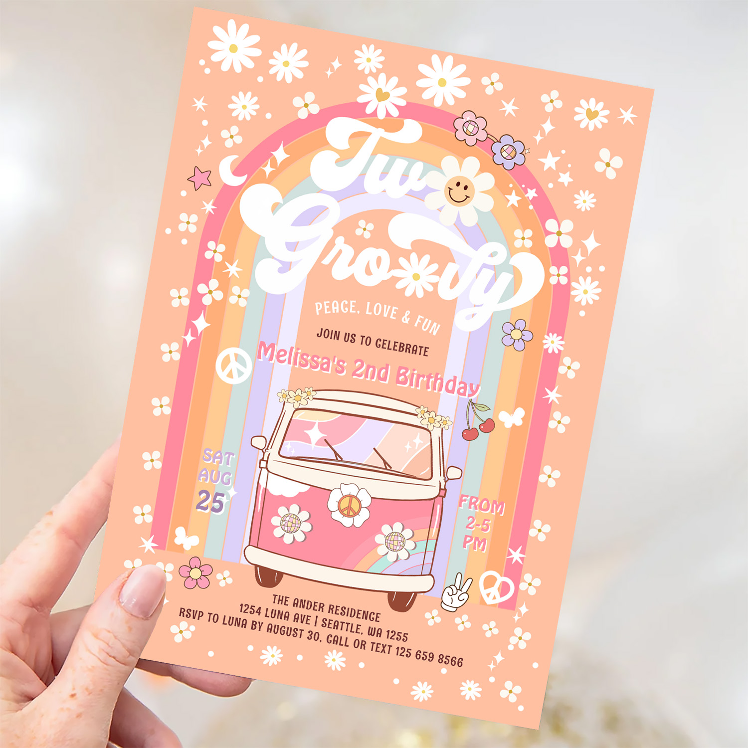 Two Groovy Van Daisy Hippie 70S 2nd Birthday Invitation - Image 3