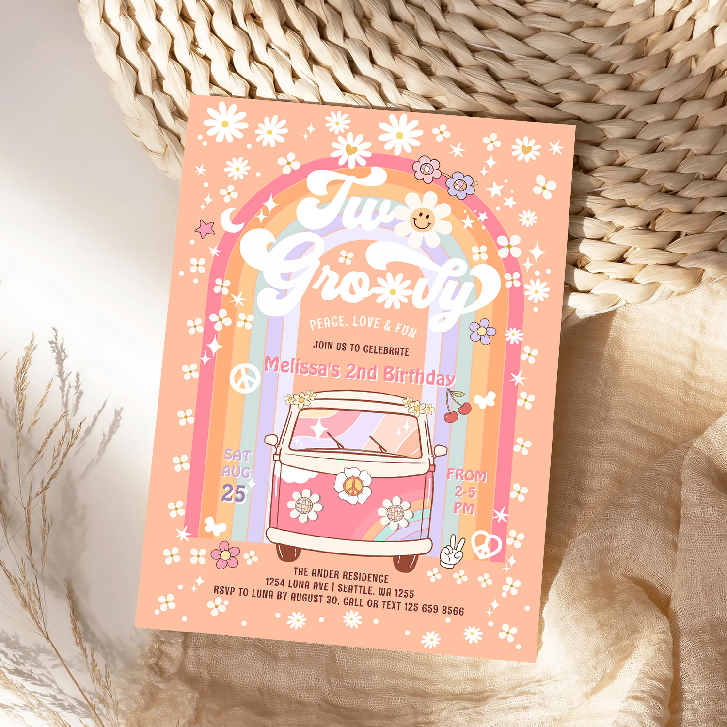 Two Groovy Van Daisy Hippie 70S 2nd Birthday Invitation - Image 4