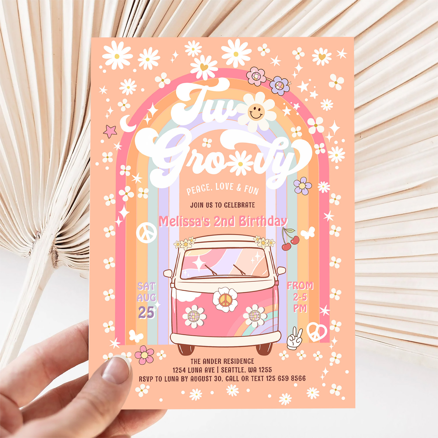 Two Groovy Van Daisy Hippie 70S 2nd Birthday Invitation - Image 5