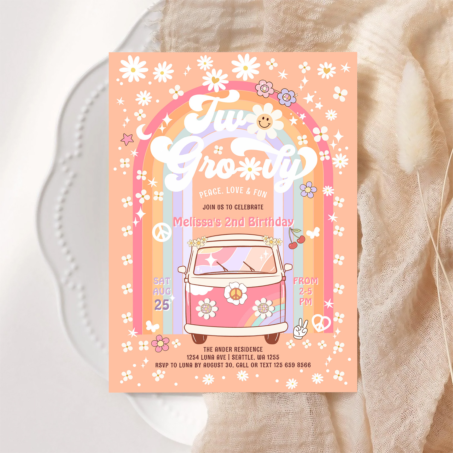 Two Groovy Van Daisy Hippie 70S 2nd Birthday Invitation - Image 6