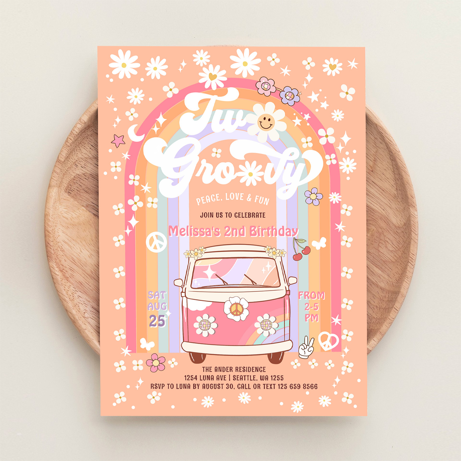 Two Groovy Van Daisy Hippie 70S 2nd Birthday Invitation - Image 7