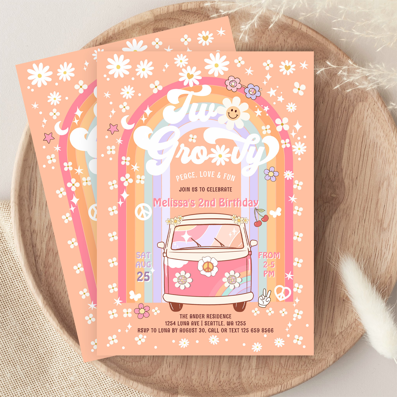 Two Groovy Van Daisy Hippie 70S 2nd Birthday Invitation - Image 9