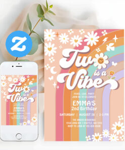 Two Is A Vibe 2nd Groovy Rainbow Birthday Invitation