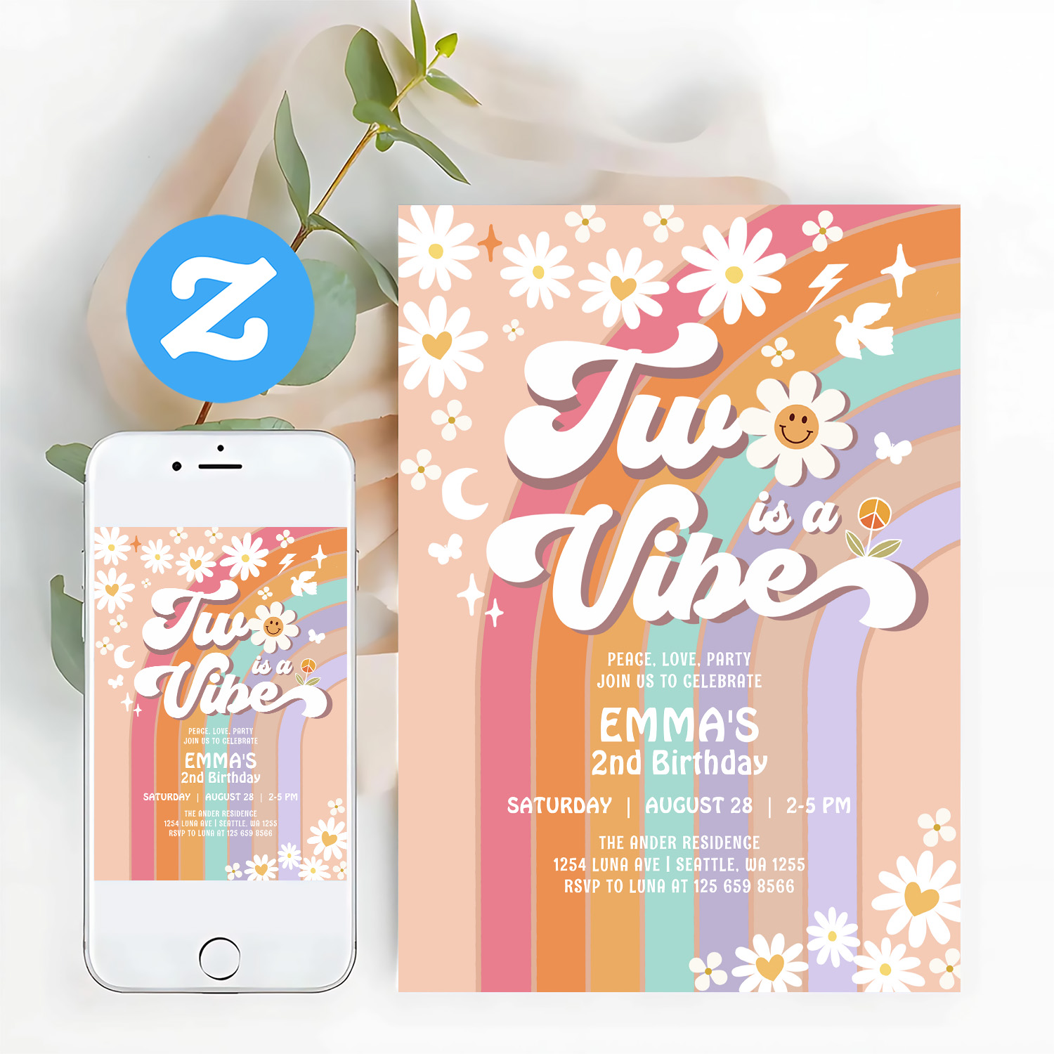 Two Is A Vibe 2nd Groovy Rainbow Birthday Invitation
