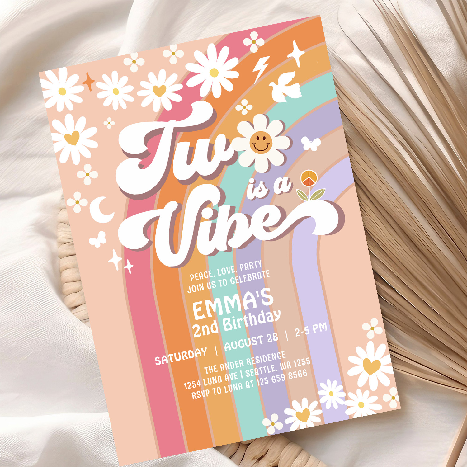 Two Is A Vibe 2nd Groovy Rainbow Birthday Invitation - Image 10