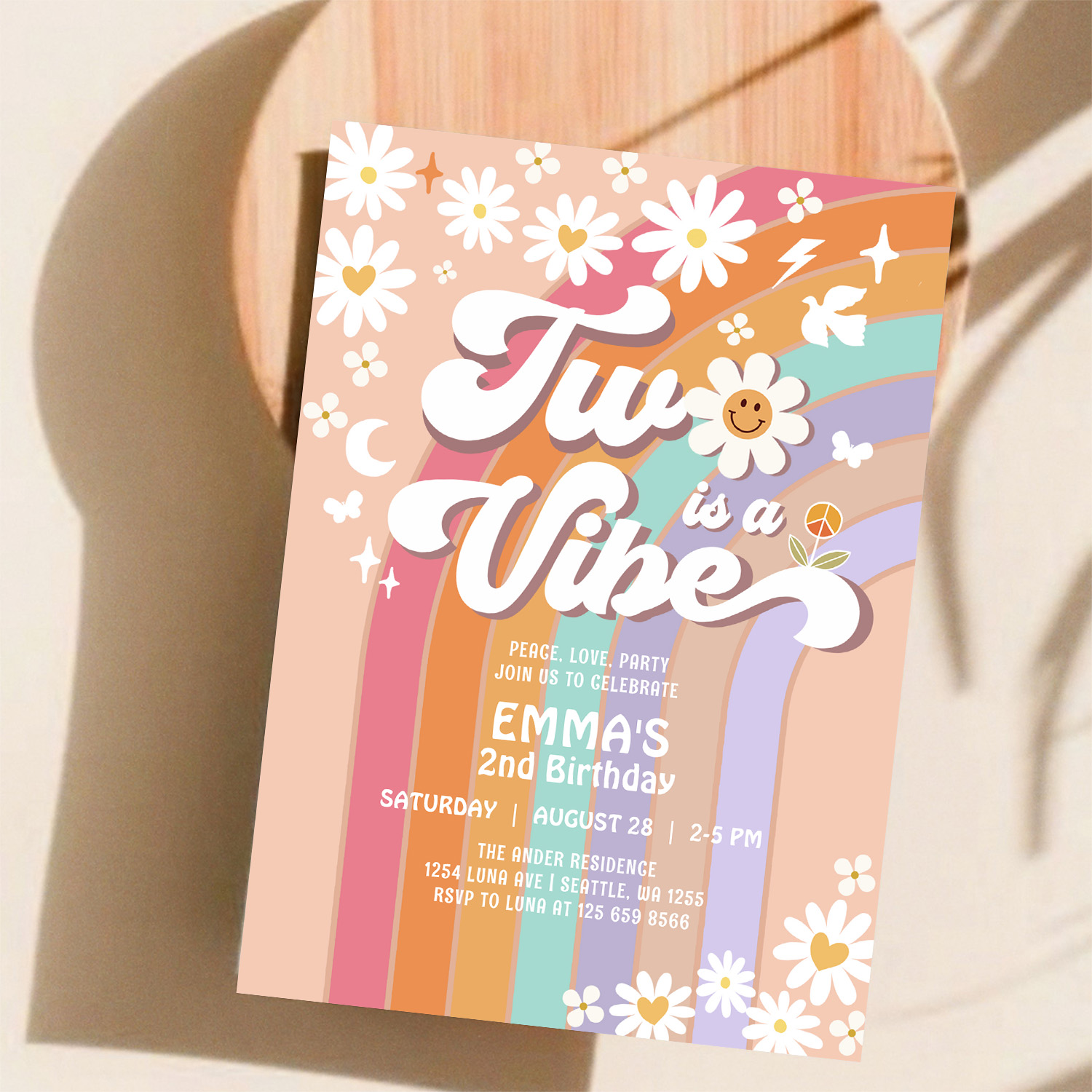 Two Is A Vibe 2nd Groovy Rainbow Birthday Invitation - Image 11