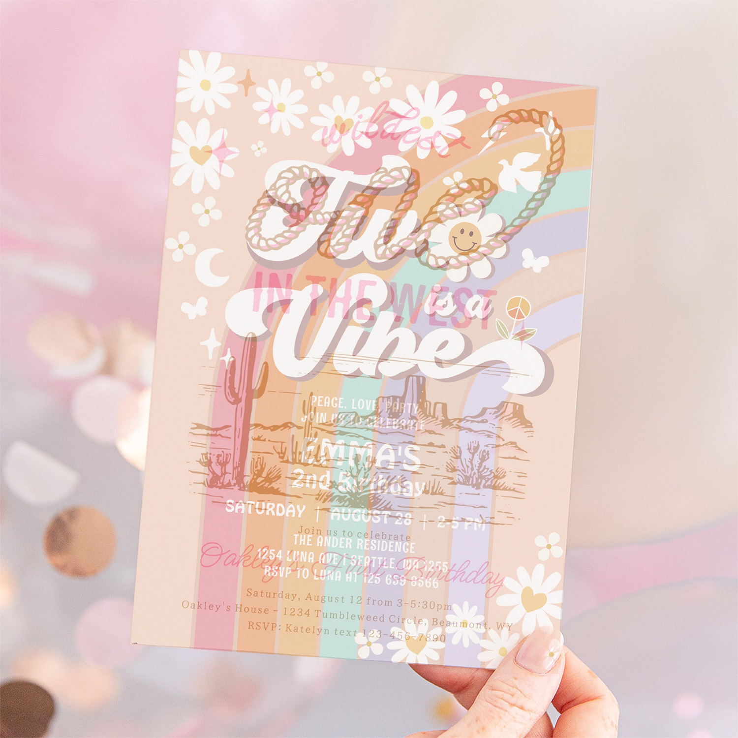 Two Is A Vibe 2nd Groovy Rainbow Birthday Invitation - Image 12