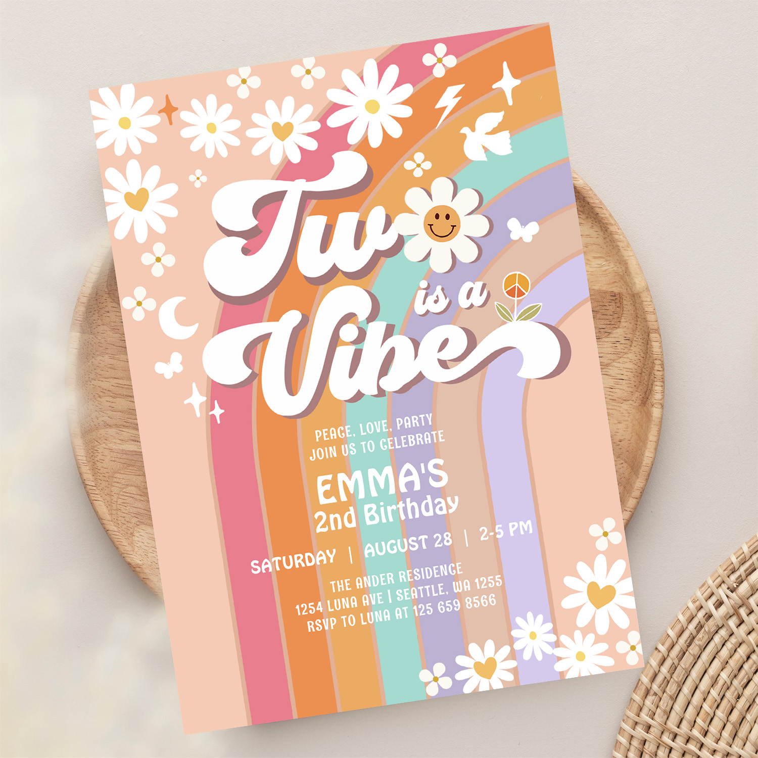 Two Is A Vibe 2nd Groovy Rainbow Birthday Invitation - Image 13