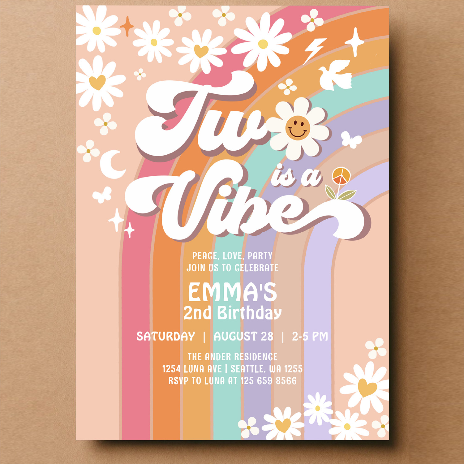 Two Is A Vibe 2nd Groovy Rainbow Birthday Invitation - Image 14