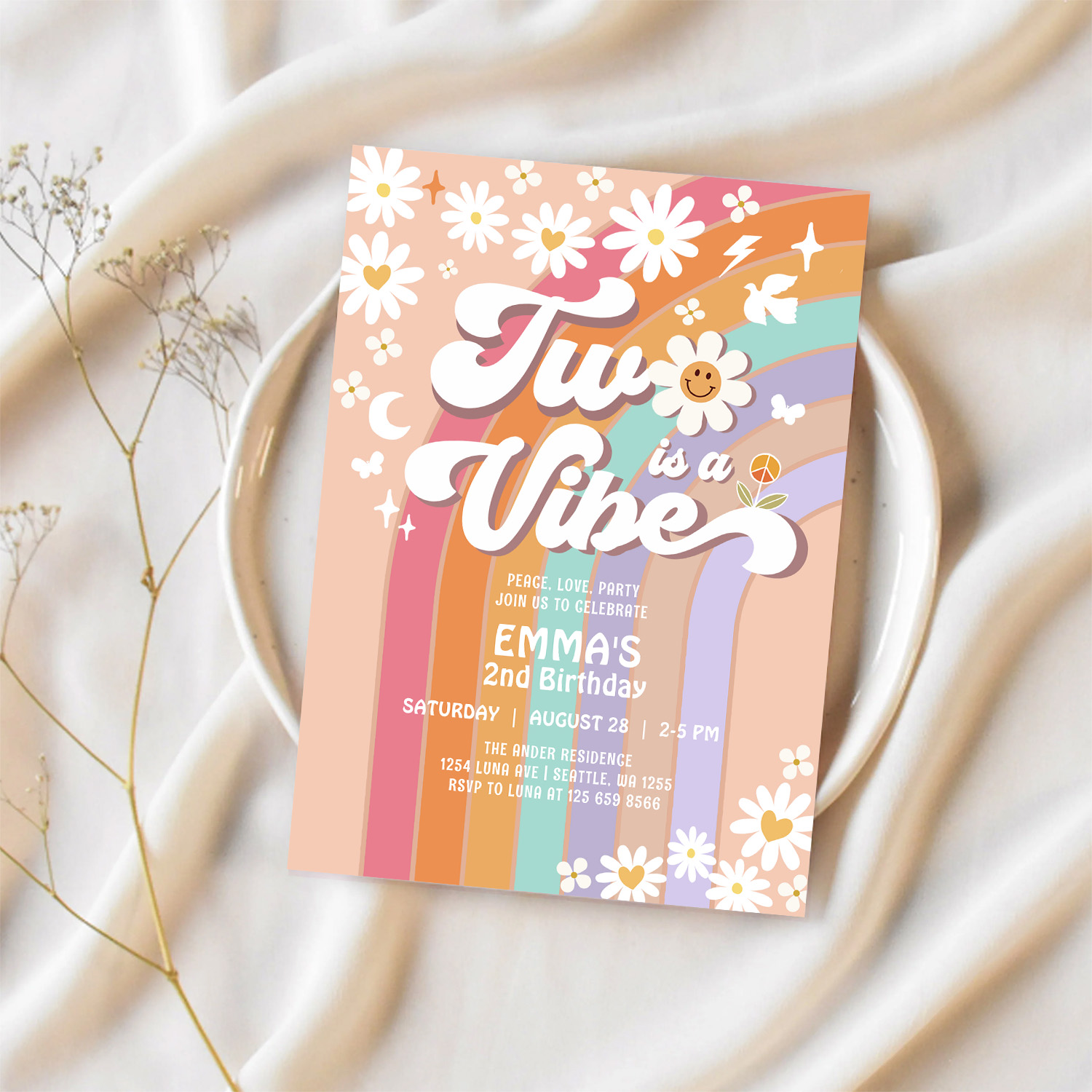 Two Is A Vibe 2nd Groovy Rainbow Birthday Invitation - Image 2