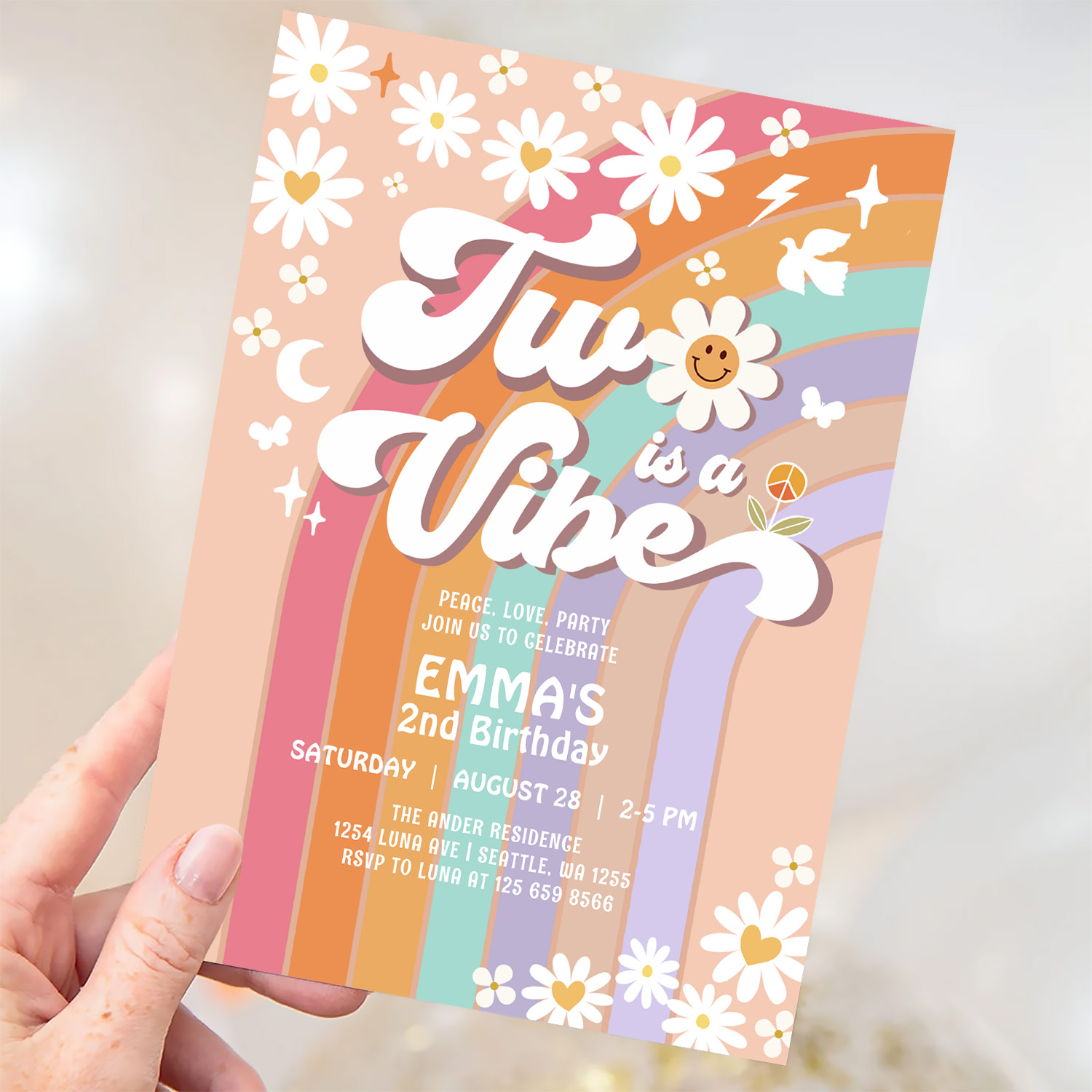 Two Is A Vibe 2nd Groovy Rainbow Birthday Invitation - Image 3