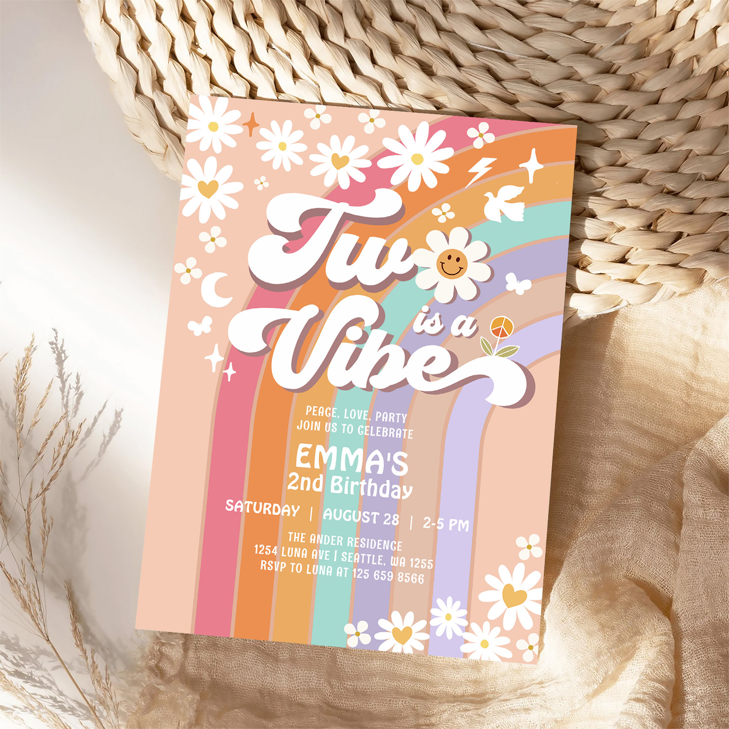 Two Is A Vibe 2nd Groovy Rainbow Birthday Invitation - Image 4